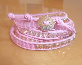 5 Wrap Pink Leather Bracelet w/ a Sterling Silver Button for Closure Swarovski Crystals Peach & Pink  Quartz  35"-36"