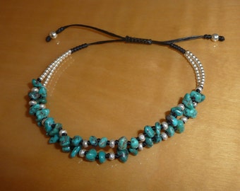 Handmade Genuine Double Strand Turquoise Gemstone & Sterling Silver Beaded  Black Macrame Bracelet