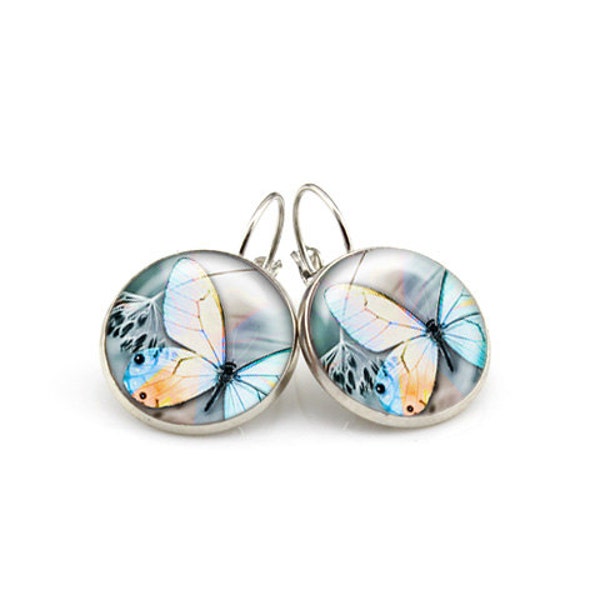 Butterfly Earrings Colourful Butterfly Art Jewellery Blue Butterfly Cabochon Earrings French Leverback Earrings CE419