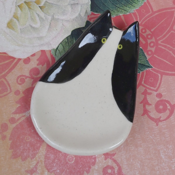 Tuxedo cat ring holder. Cat trinket dish. Teaspoon rest. Tea bag rest. Coffee spoon rest. Pill holder. Chop stick rest. Tea light holder