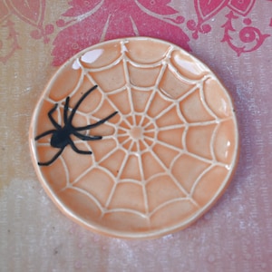 Spooky Halloween teaspoon rest. ORANGE spider web ring holder. Tea bag rest. Halloween decor. Trinket dish. Spooky tea light holder.