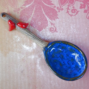 Red Cardinal ceramic spoon. Red Cardinal spoon. Twig spoon.  Wooden ceramic spoon. Whimsical wall art spoon. Pottery spoon.