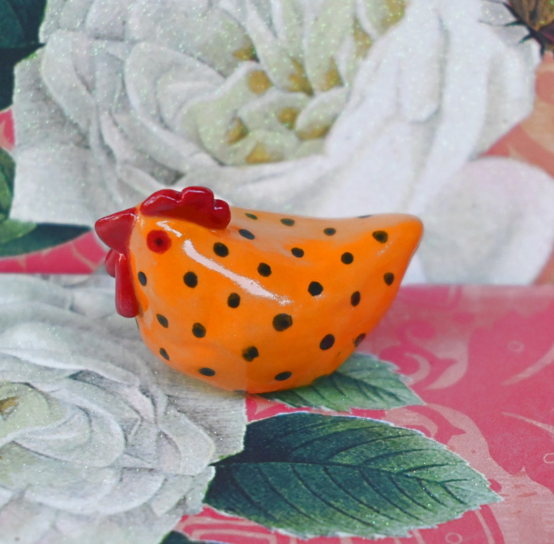 Ceramic Chicken Figurine. Ceramic Chicken. Miniature Polka Dot Chicken