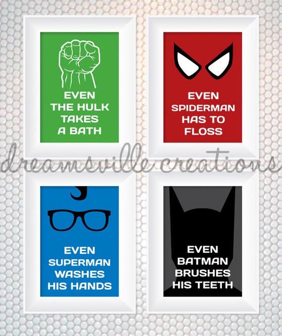 Items similar to Superhero Reminder Bathroom 5x7 Digital Art Set of 4