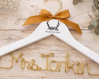 Custom Engraved Wedding Hanger: Rustic Antler Date, Gold Wire Bride Hanger