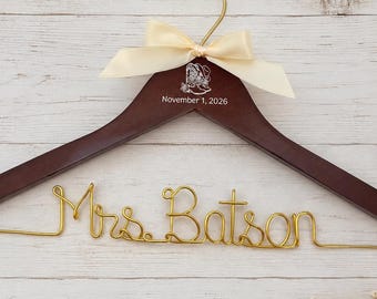 Custom Engraved Wedding Hanger: Golden Wire Bride Name, Rustic Date