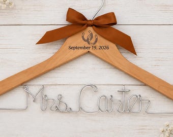 Custom Engraved Wedding Hanger: Golden Wire Bride, Rustic Style, Picture Date
