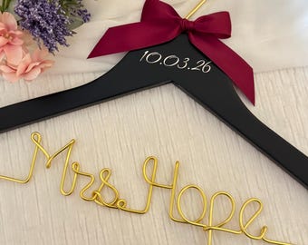 Custom Wedding Hanger: Engraved Date, Golden Wire Bride Hanger