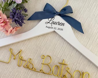Custom Wedding Hanger: Engraved Name and Date, Golden Wire Bride Hanger