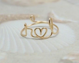 Personalized Initial Heart Wire Ring - Sterling Silver Plated - Adjustable