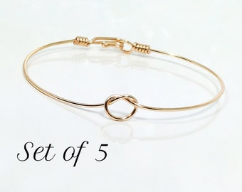 Set of 5 Tie the knot bracelets, bangle bracelet, wire knot bracelet, knotted bangle bracelet, gold knot bangle bracelet, dainty knot