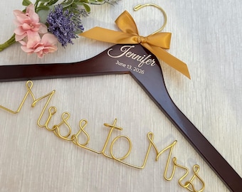 Custom Wedding Hanger: Engraved Name and Date, Golden Wire Bride Hanger