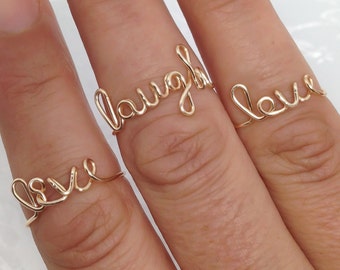 Set of 3 Wire Word Rings: Live Laugh Love, Adjustable