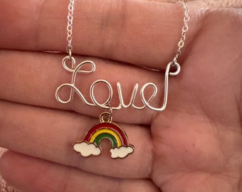Personalized Wire Wrapped Name Necklace: Rainbow Charm