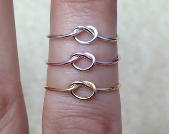 Set of 3 Dainty Knot Rings: Silver, Gold, Rose Gold