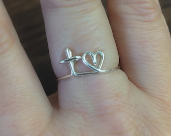 Adjustable Cross Heart Wire Ring: Silver or Gold Knuckle Ring