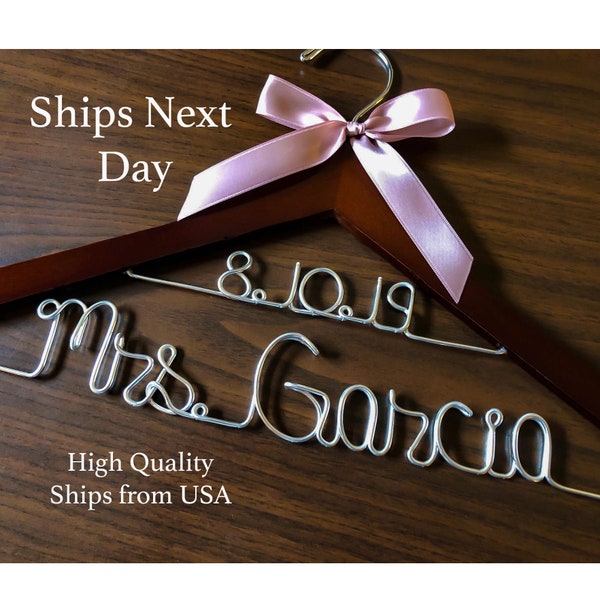 Ships Next Day, Double line wedding hanger, wedding dress photos, Wire wrapped hanger with ribbon, wedding gift for bride, Custom hanger