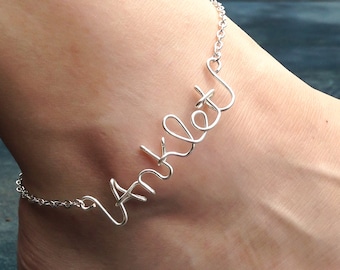 Personalized Name Anklet: Wire Wrapped Custom Word Ankle Bracelet