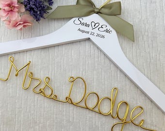 Custom Wedding Hanger: Engraved Name and Date, Golden Wire Bride Hanger