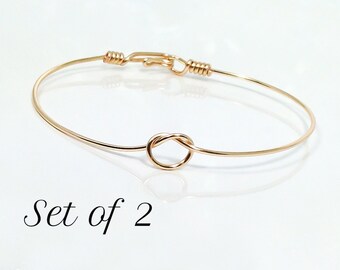 Set of 2 Dainty Knot Bangle Bracelets - Gold or Silver