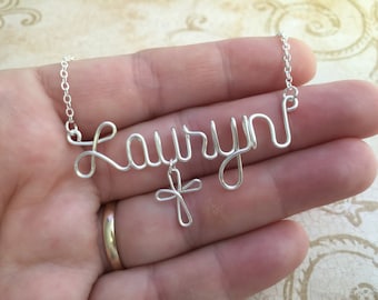 Personalized Name Necklace with Cross: Wire Wrapped Jewelry