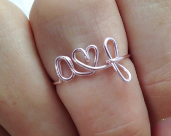 Initial heart initial ring, 2 Initials and a heart ring, personalized initial ring, wire ring, personalized ring, adjustable ring, initials