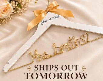 Custom Wedding Hanger: Engraved Date, Golden Wire Bride Hanger