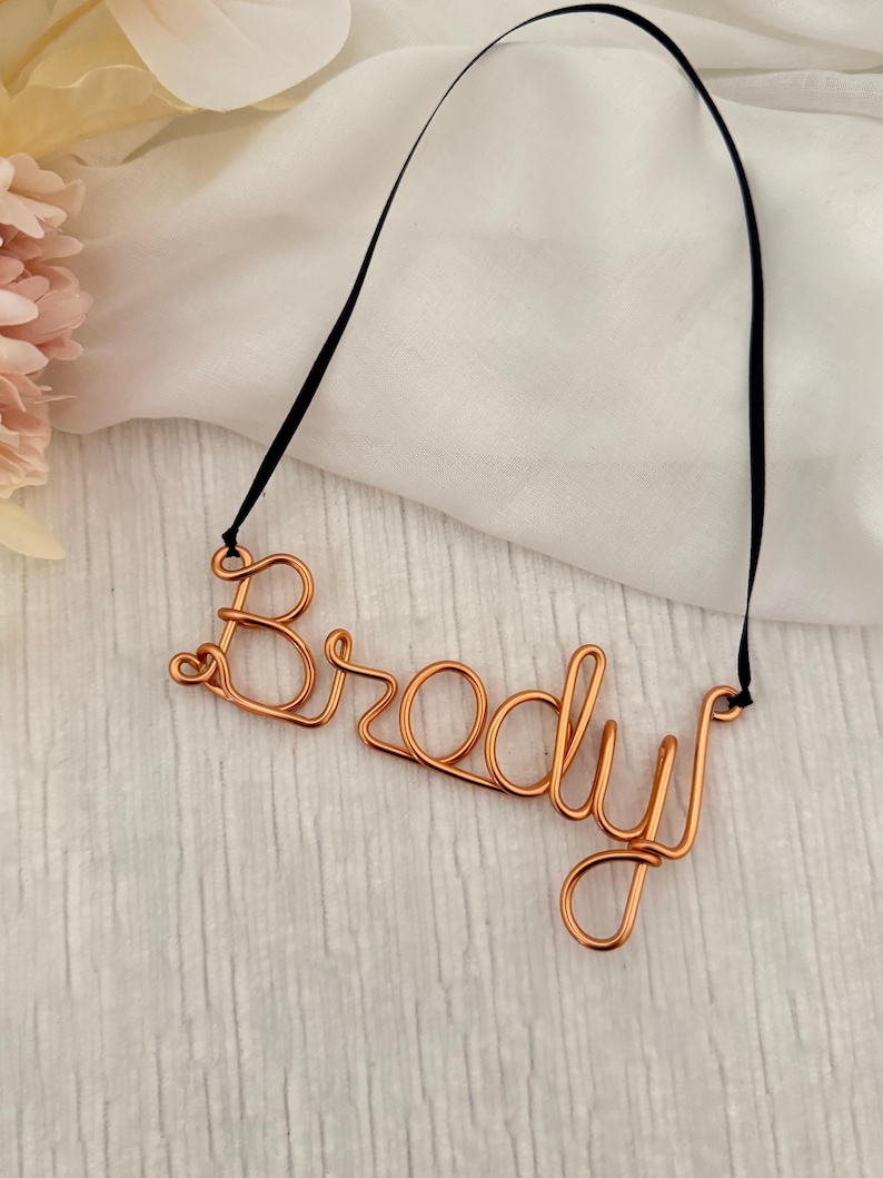 May include: A copper wire name tag spelling "Brody" with a black ribbon for hanging. The name is crafted in a cursive font. The background is a white, textured surface with a soft, floral accent.