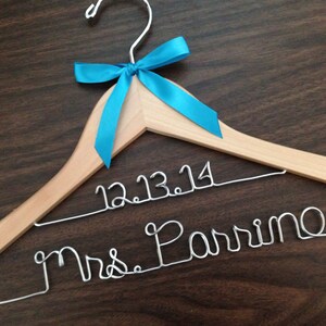 Double line hanger, wedding photos, bridal, Wire wrapped hanger with ribbon, name hanger, bridal hanger, bridesmaid hanger, hanger, bride