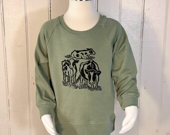 Cow Pullover Kids Organic Cotton Clothing Youth Family Farm Hand Printed Country Block Print Green