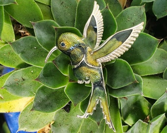 Vintage Enameled Hummingbird Brooch Pin Silver Tone