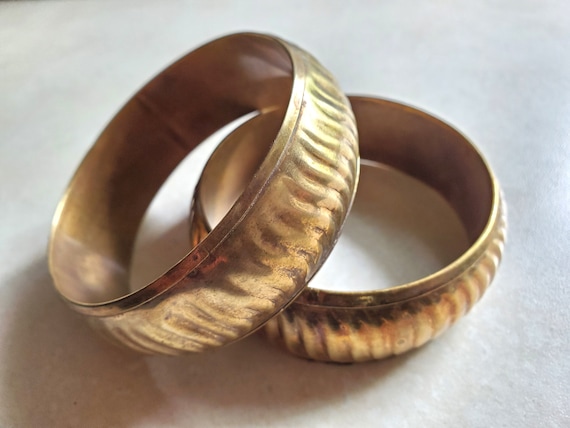 2 Vintage Solid Brass Wide Bangle Bracelets Boho … - image 4