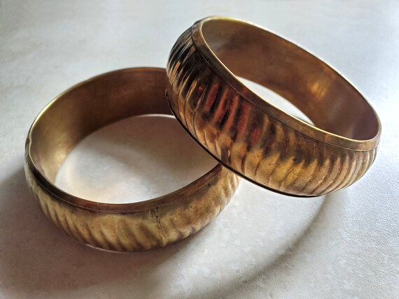 2 Vintage Solid Brass Wide Bangle Bracelets Boho … - image 2