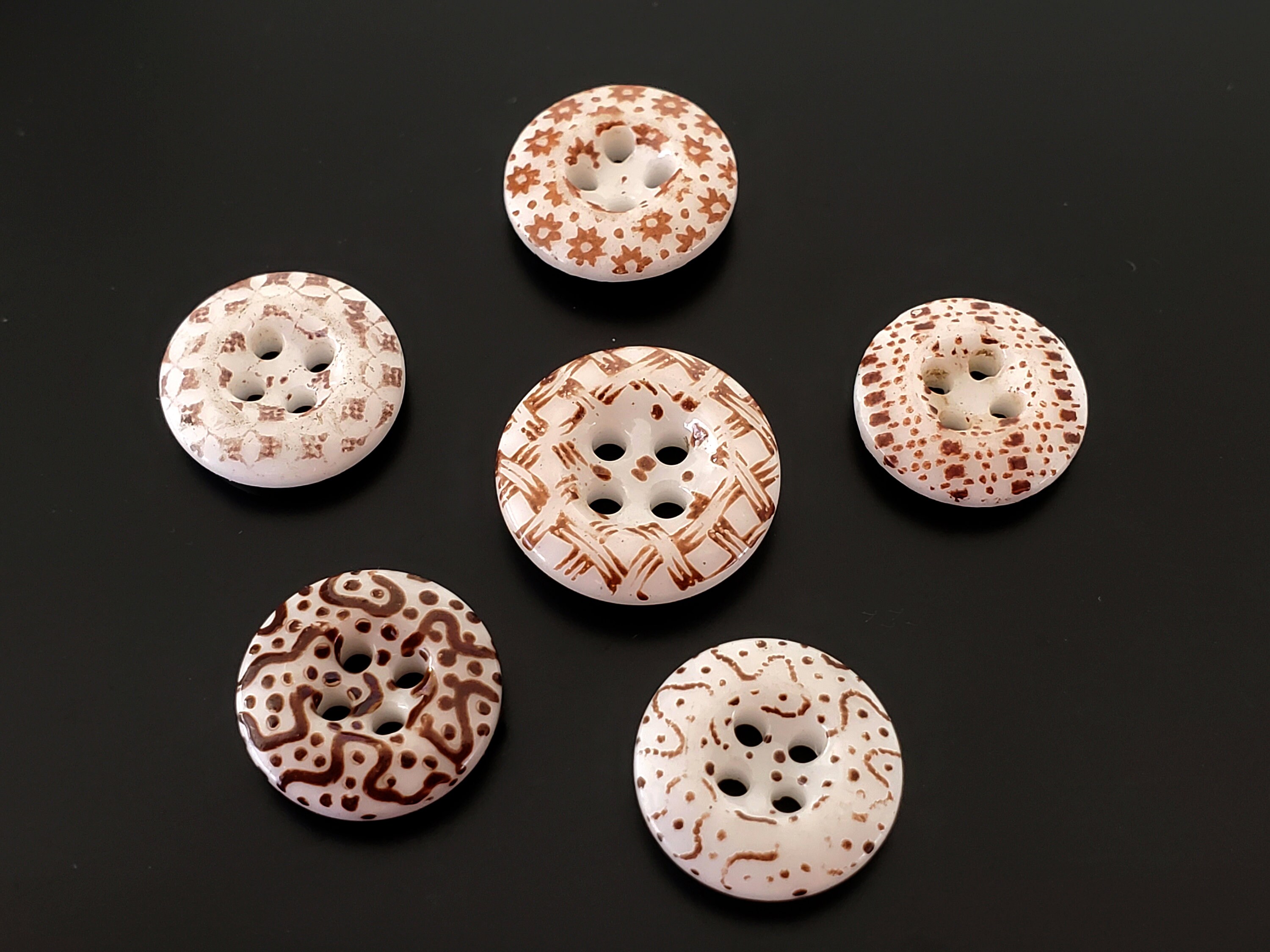 Embellishments Antique China Stencil Button Square Pattern 15 Brown On