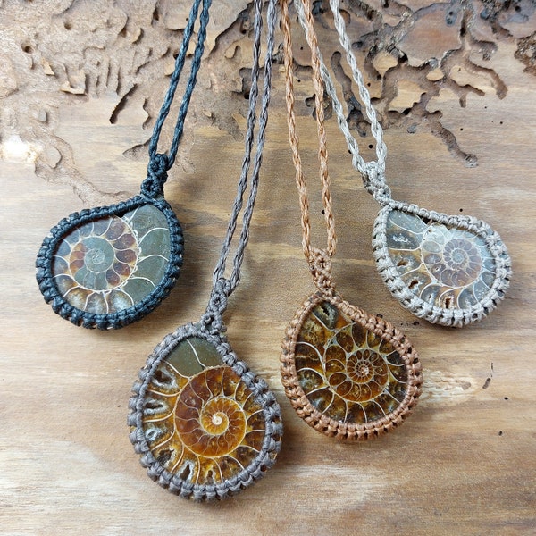 Ammonite Macrame Necklace, Fossil Pendant, Bohemian Necklace, Ethnic Jewelry