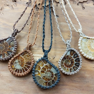Ammonite Macrame Necklace, Fossil Pendant, Bohemian Necklace, Ethnic Jewelry