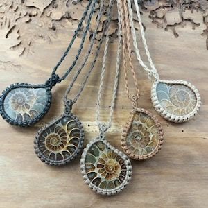 Ammonite Macrame Necklace, Fossil Pendant, Bohemian Necklace, Ethnic Jewelry