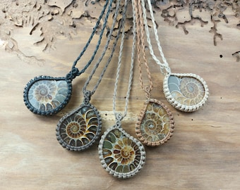Ammonite Macrame Necklace, Fossil Pendant, Bohemian Necklace, Ethnic Jewelry