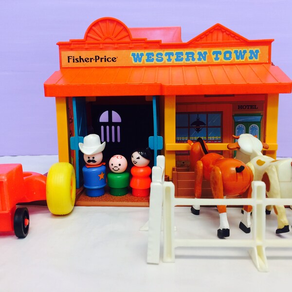 Vintage Fisher Price, Western Town, Little People Playset, Fisher Price Cowboy, Horse and Cow, FP Tractor, #934 FP Toys, Vintage 1980s Toys