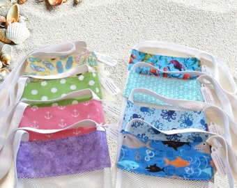 Kids Gift, Mesh Beach or Pool Cross Body Tote Bags for Small Toys, Beach Combing Seashell Collecting