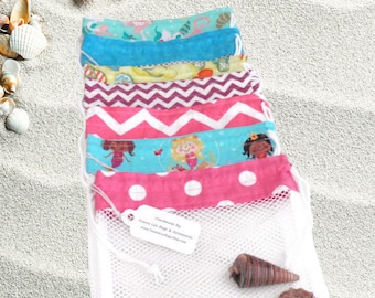 Mesh Drawstring Sea Shell Beachcomber Shell Collection Bags, For Adults and Kids, Mermaid or Beach Party Gift