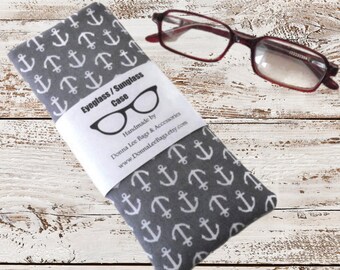 Eyeglass Accessories Soft Padded Fabric Glasses Case, Gift For Her, Gray Nautical Anchors