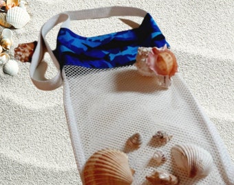 Blue Sharks Boys Beach Bag, Kids Beachcomber Seashell Collecting Mesh Tote, Beach Vacation Travel Toy Bag