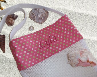 Gift For Girls Personalized Embroidered Beach Bag, Cross Body Tote, Mesh Shell Collecting or Toy Bag, Made with Pink Polka Dot Fabric