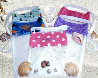 Personalized Embroidered Seashell Collector Beachcomber Bags, Vacation Beach Gifts For Kids and Adults