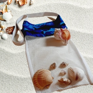 Blue Sharks Boys Beach Bag, Kids Beachcomber Seashell Collecting Mesh Tote, Beach Vacation Travel Toy Bag