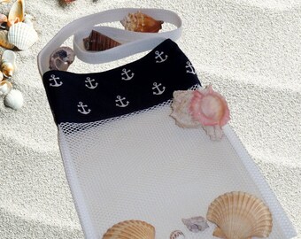 Nautical Beach Bag, Mesh Shell Tote Bag, Gift For Boys or Girls, Navy Blue Anchor, Cross Body Bag