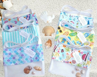 Girls Beachcombing Seashell Collecting Mesh Beach Bag, Cross Body Tote for Shells and Small Toys, Handmade Gift