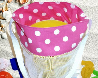 Gift For Girls, Cross Body Beach Tote, Pink Polka Dot Mesh, Sand Toy Bag