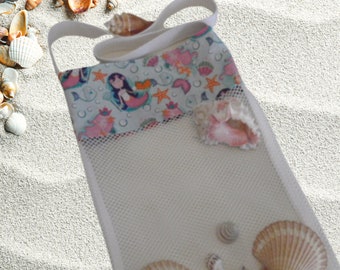 Gift for Girls, Turquoise Mermaid Cross Body Mesh Beach Bag, Novelty Seashell Collecting /Toy Tote Bag